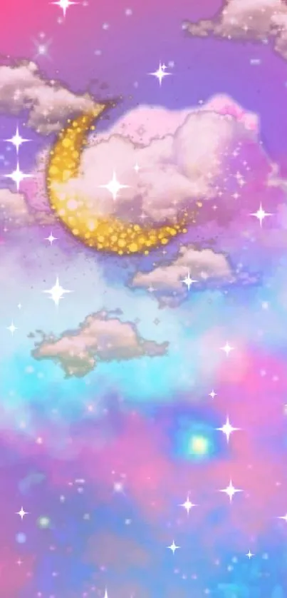 Dreamy wallpaper with a golden moon and colorful clouds.