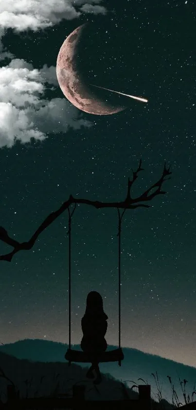 Silhouette of girl on swing under crescent moon and shooting star.