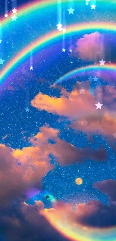 Dreamy night sky with vibrant rainbow halos and mystical clouds.