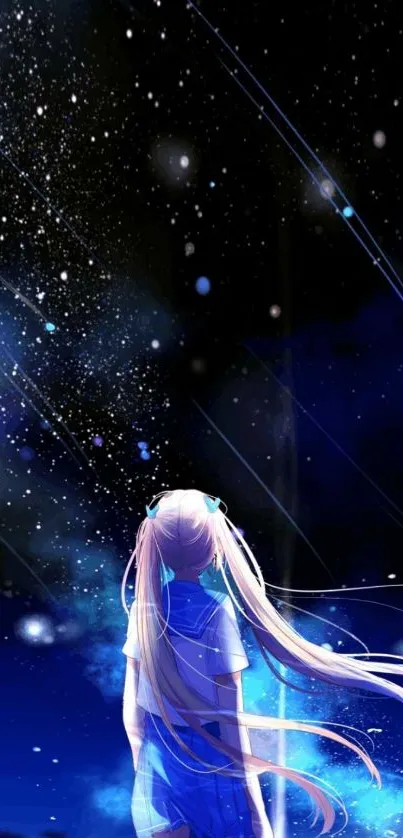 Anime girl under a starry night sky with vibrant blue colors.