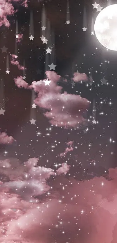 Night sky with moon, stars, and pink clouds.