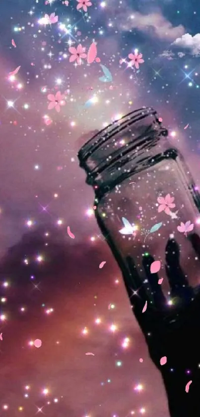 Dreamy mobile wallpaper with a jar and floating sparkles.