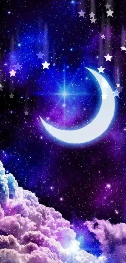 Crescent moon and starry purple sky wallpaper.