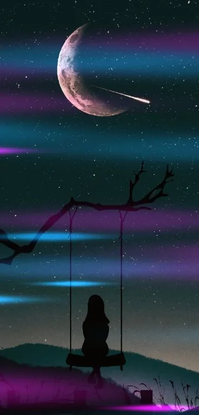 Silhouette of a girl on a swing under a crescent moon and stars.