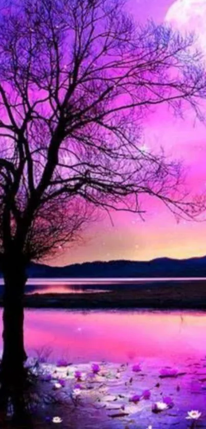 Dreamy night sky with tree and moon reflection.