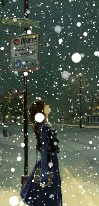 Illustration of a girl standing in a snowy night urban scene under street lights.