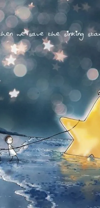 Whimsical night scene with giant star rescue illustration.