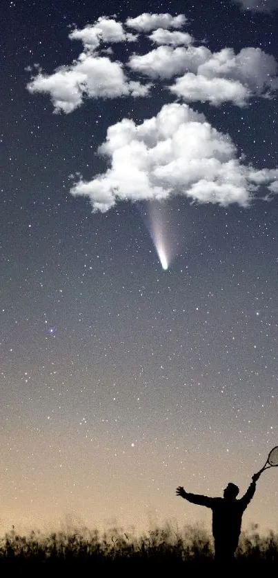 Silhouette under a starry sky with comet and clouds.