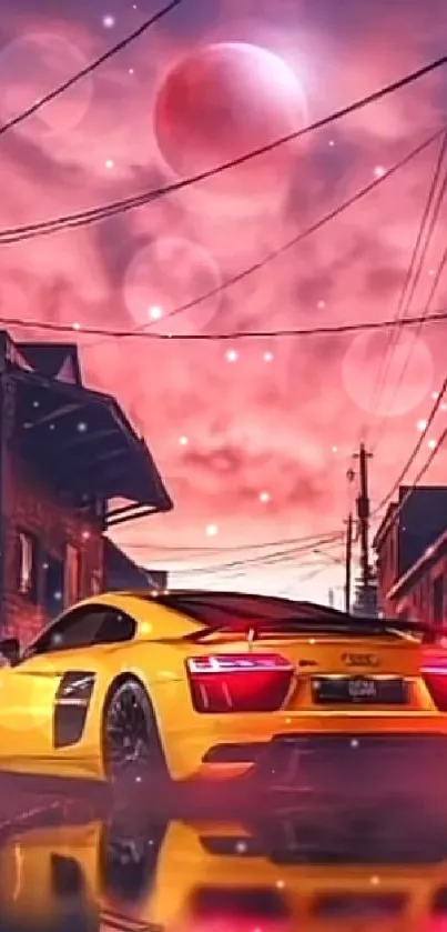 Futuristic yellow car on a vibrant city street under a dreamy, surreal pink sky.