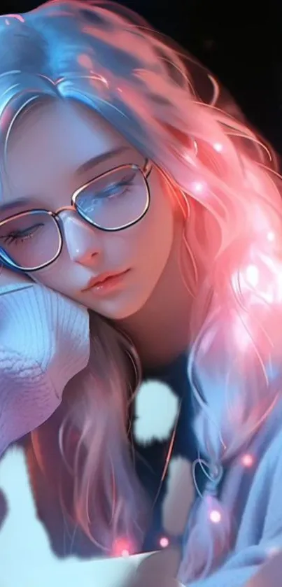 Dreamy girl studying at night with a glowing, ethereal background.
