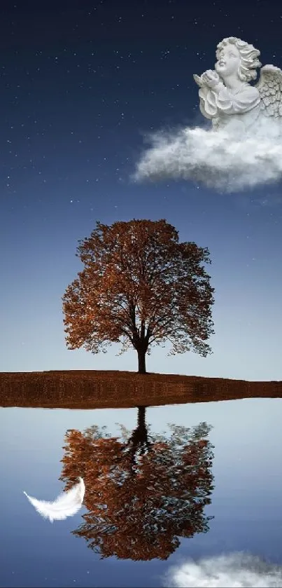 Night scene with tree and angel reflection.