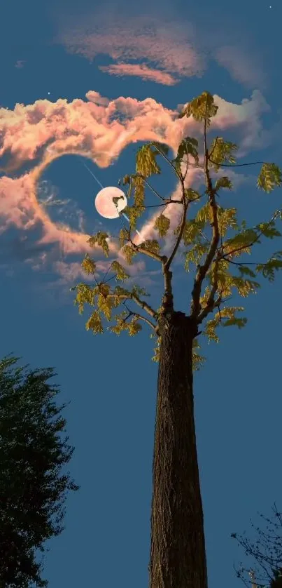 Silhouetted tree under a full moon with colorful clouds at night.