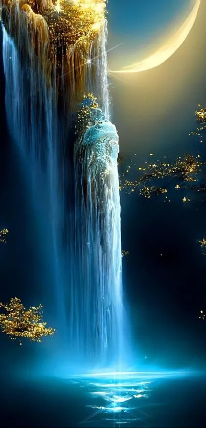 Moonlit waterfall with golden glow and starry ambiance in fantasy art style.