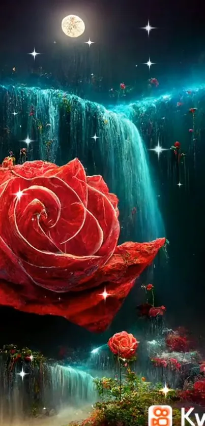 Dreamy night scene with roses and a moonlit waterfall wallpaper.