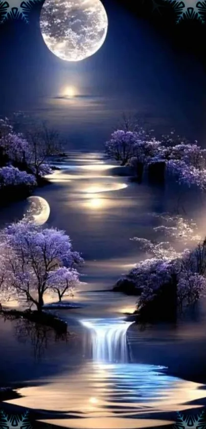 Dreamy night waterfall with moonlit water and purple trees.