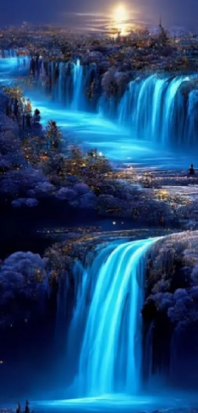 Dreamy night waterfall with moonlight creating a serene and tranquil atmosphere.