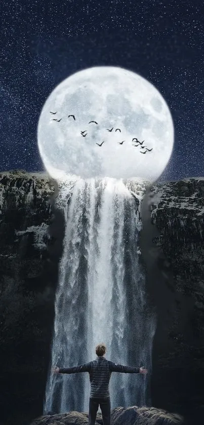 Person standing under waterfall lit by full moon at night.