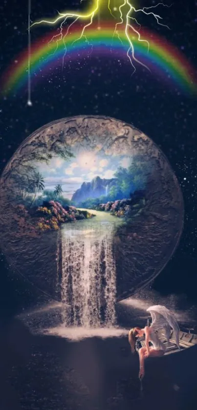 Fantasy landscape with waterfall, rainbow, starry sky.