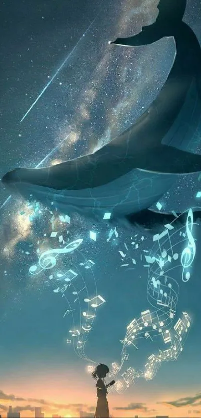 A whimsical whale glides through a magical, starry night with flowing musical notes.