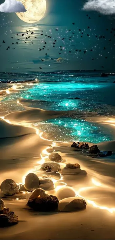 Fantasy night beach with glowing sand and ocean under a full moon.