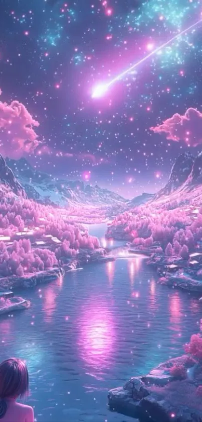 Dreamy nightscape with shooting stars and purple hues.