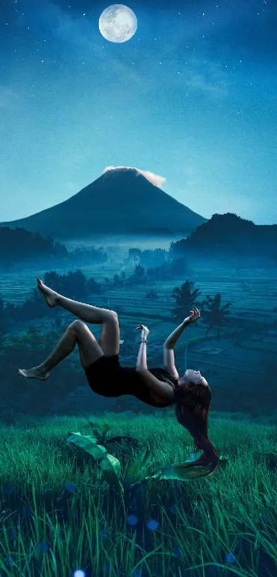 Woman floating in a moonlit nightscape with mountains.