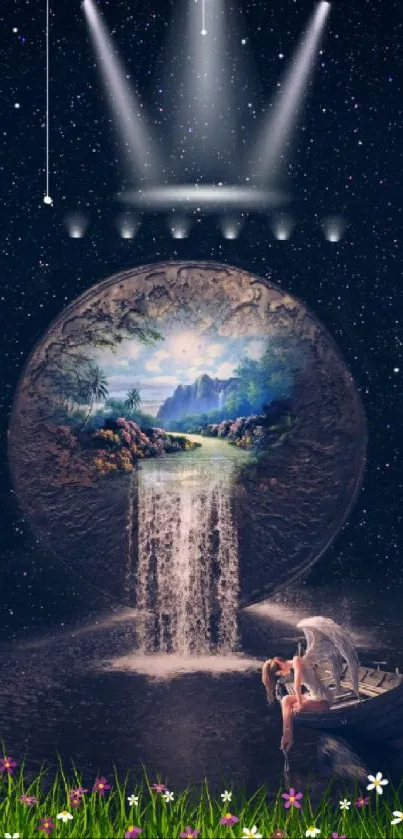 Dreamy nightscape wallpaper with waterfall and fairy under a starlit sky.