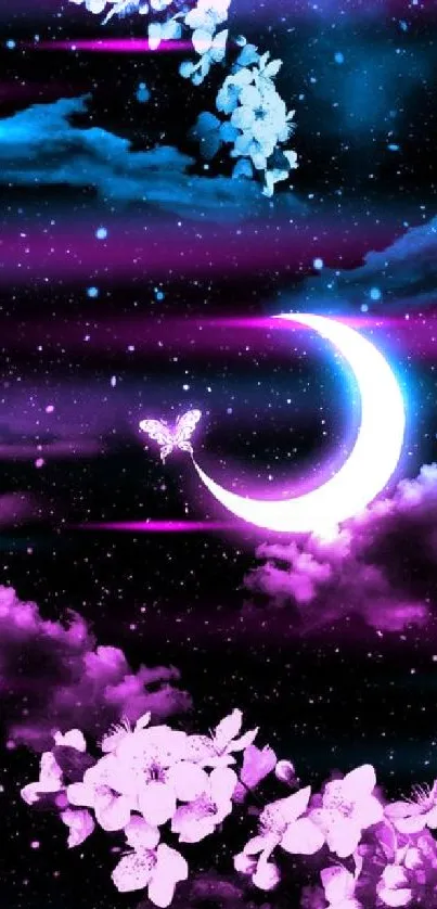 Mystical crescent moon with purple clouds and flowers on a starry night background.