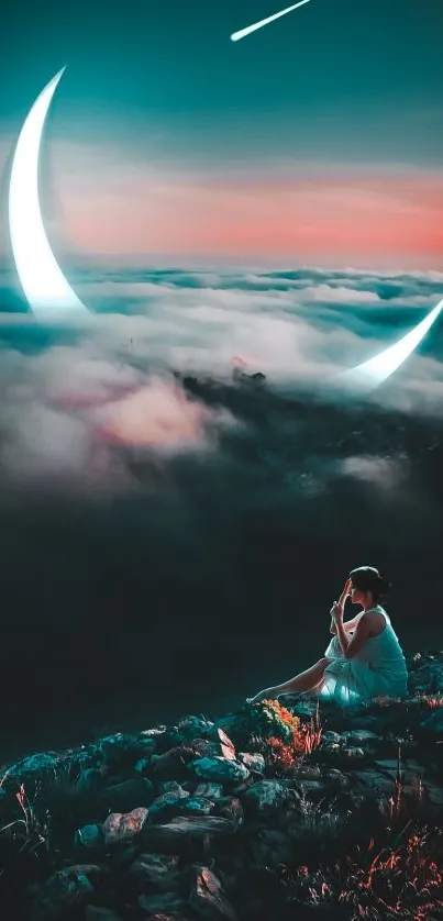 Woman sitting under crescent moon in dreamy night sky wallpaper.