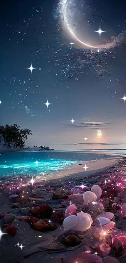 Dreamlike scene with moonlit beach and sparkling ocean under a twilight sky.