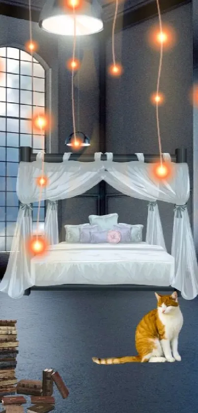 Dreamy interior wallpaper with a cat and glowing lights in a serene bedroom setting.