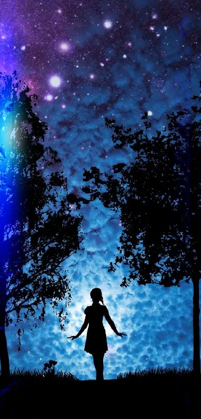 Silhouette of a girl under a cosmic, starry night sky with trees.