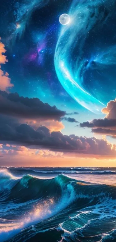 Ocean waves under a vibrant cosmic sky wallpaper.