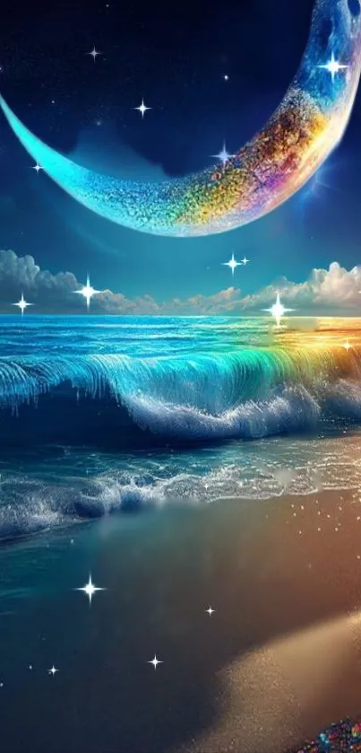 Crescent moon over a dreamy ocean with stars.