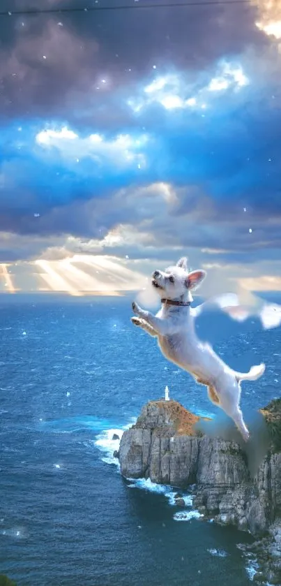 White dog with wings flying over a scenic ocean backdrop.