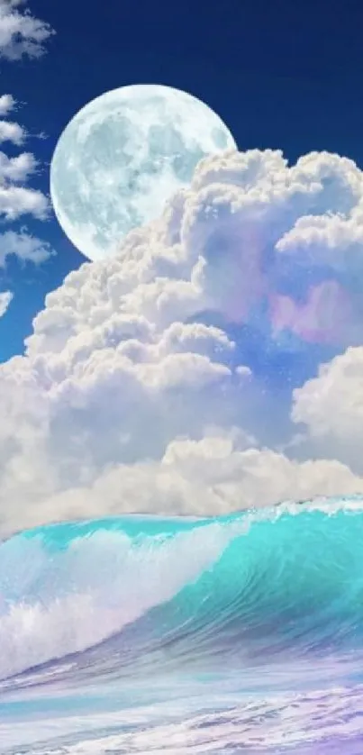 Dreamy ocean scene with moon and clouds, perfect for mobile wallpaper.