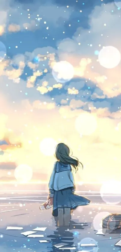 Anime girl stands in ocean, gazing at sunset.