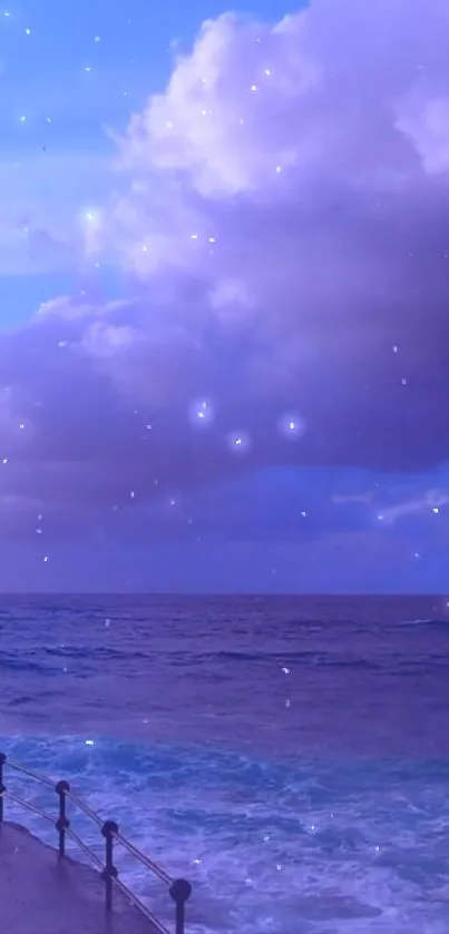 Twilight ocean with starry sky and calming waves.