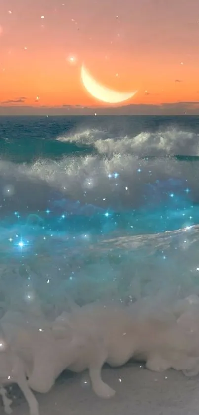 Dreamy ocean waves under crescent moon at twilight with glowing stars.