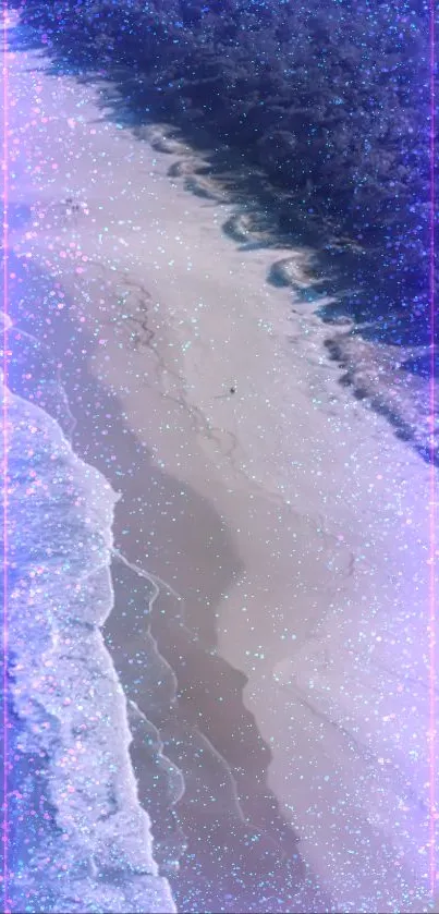 Dreamy ocean beach wallpaper with violet hues and sparkling waves.