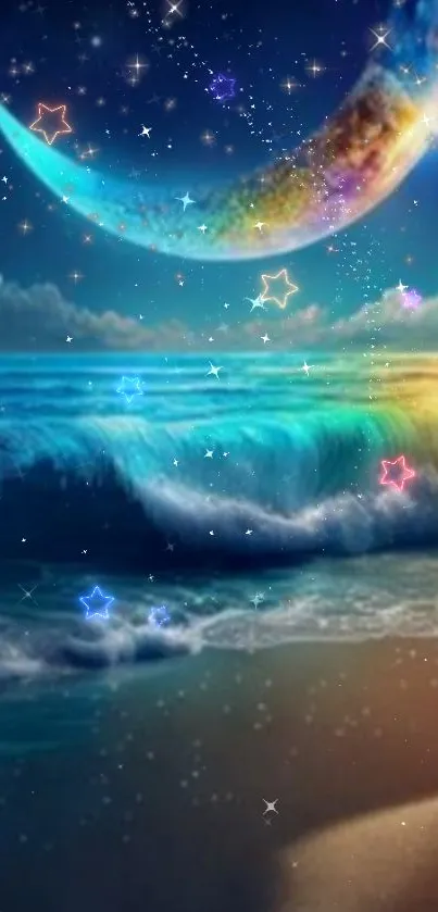 Fantasy beach with crescent moon and stars in a colorful sea scene.