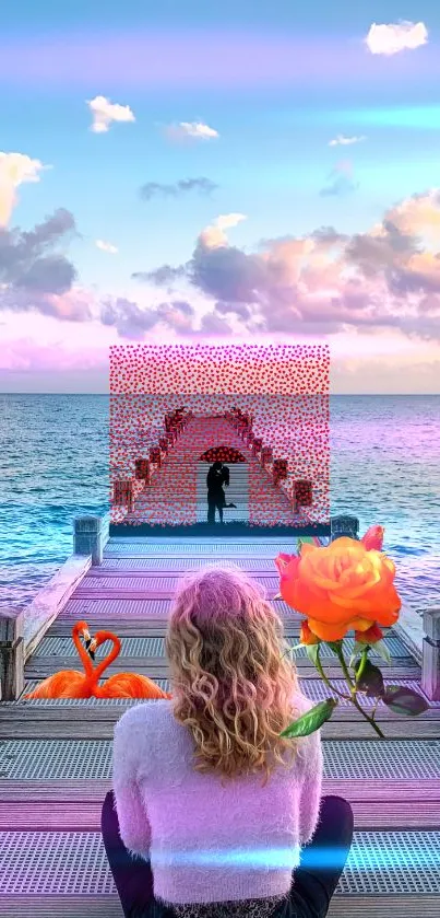 A dreamy ocean dock scene with a colorful sky, flamingos, and a rose.