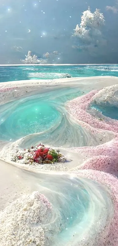 Dreamlike turquoise and pink seascape art.