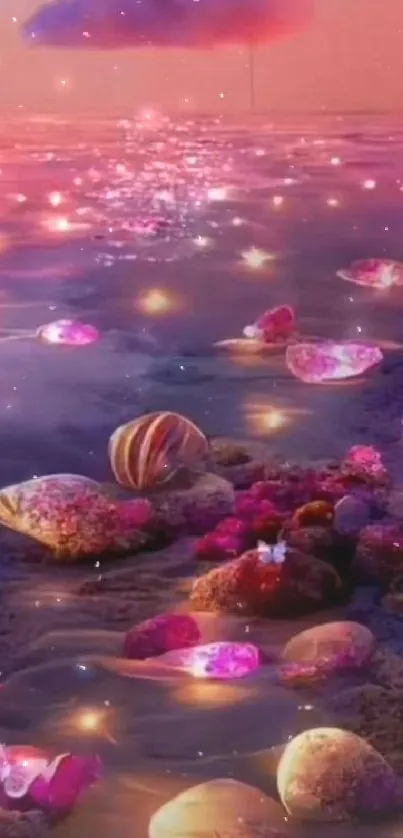 Dreamy fantasy ocean scene with pink glow and seashells.