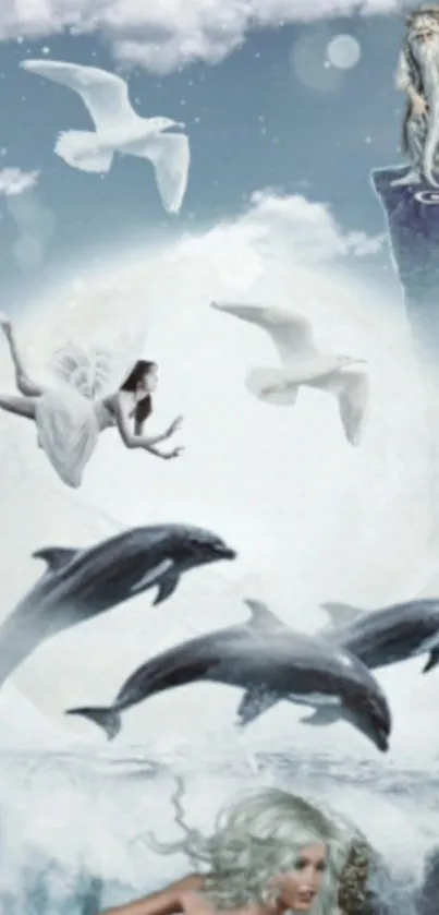 Fantasy ocean wallpaper with dolphins, birds, and ethereal elements.