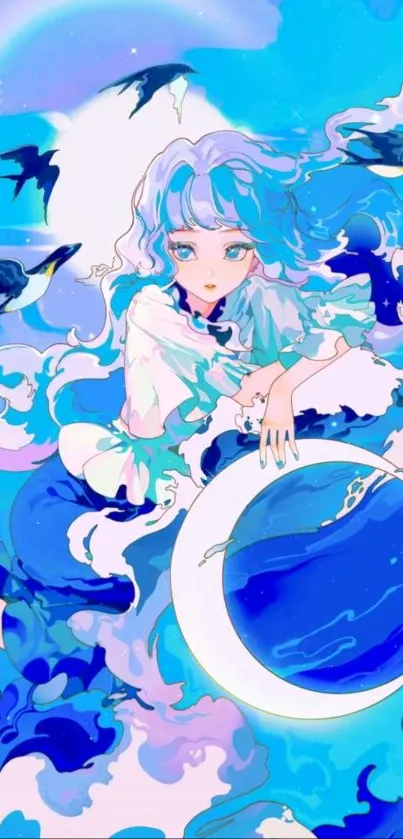 Anime girl in mystical ocean, blue hues.