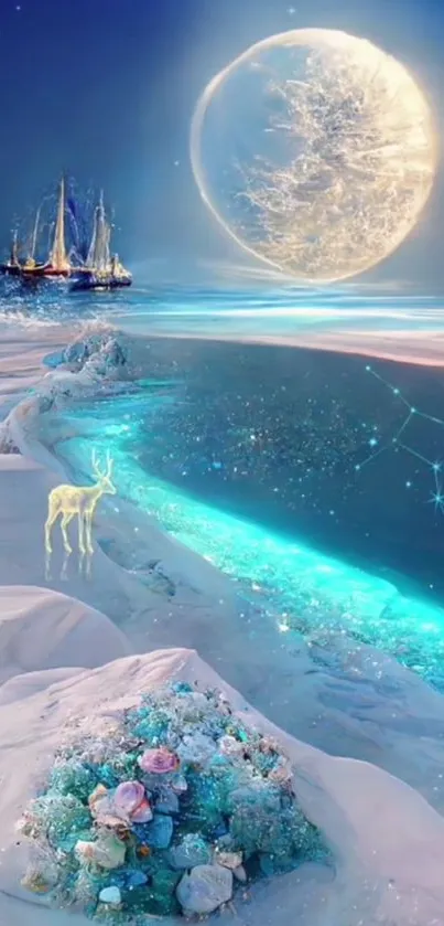 Fantasy ocean scene with a glowing moon, mystical ship, and serene beach.