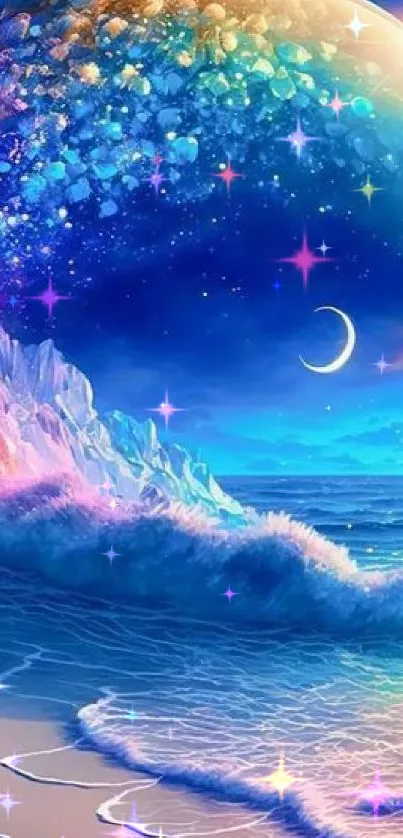 Vibrant ocean fantasy scene with cosmic dome and colorful sky.