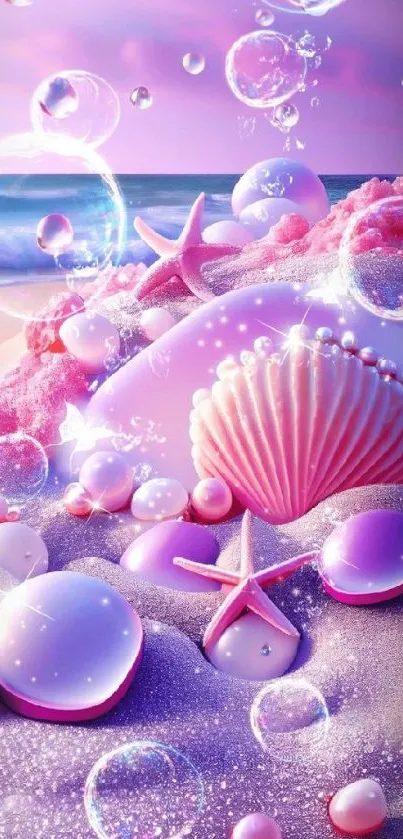 Pink beach fantasy with bubbles and seashells.