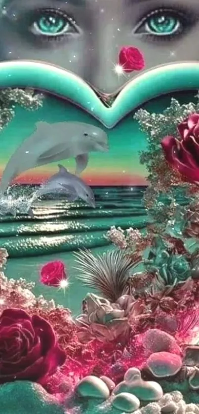 Fantasy ocean scene with dolphins and roses in a heart, on a mobile wallpaper.